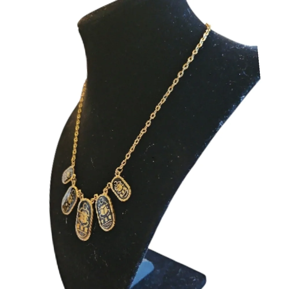 Egyptian Gold Tone & Blue Enamel Pendant Necklace & Bracelet